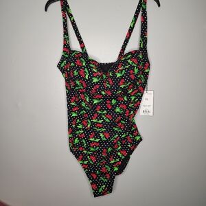 Betsy Johnson Black Sweetheart Cherry Ruched One-Piece Swimsuit Womens XL NWT